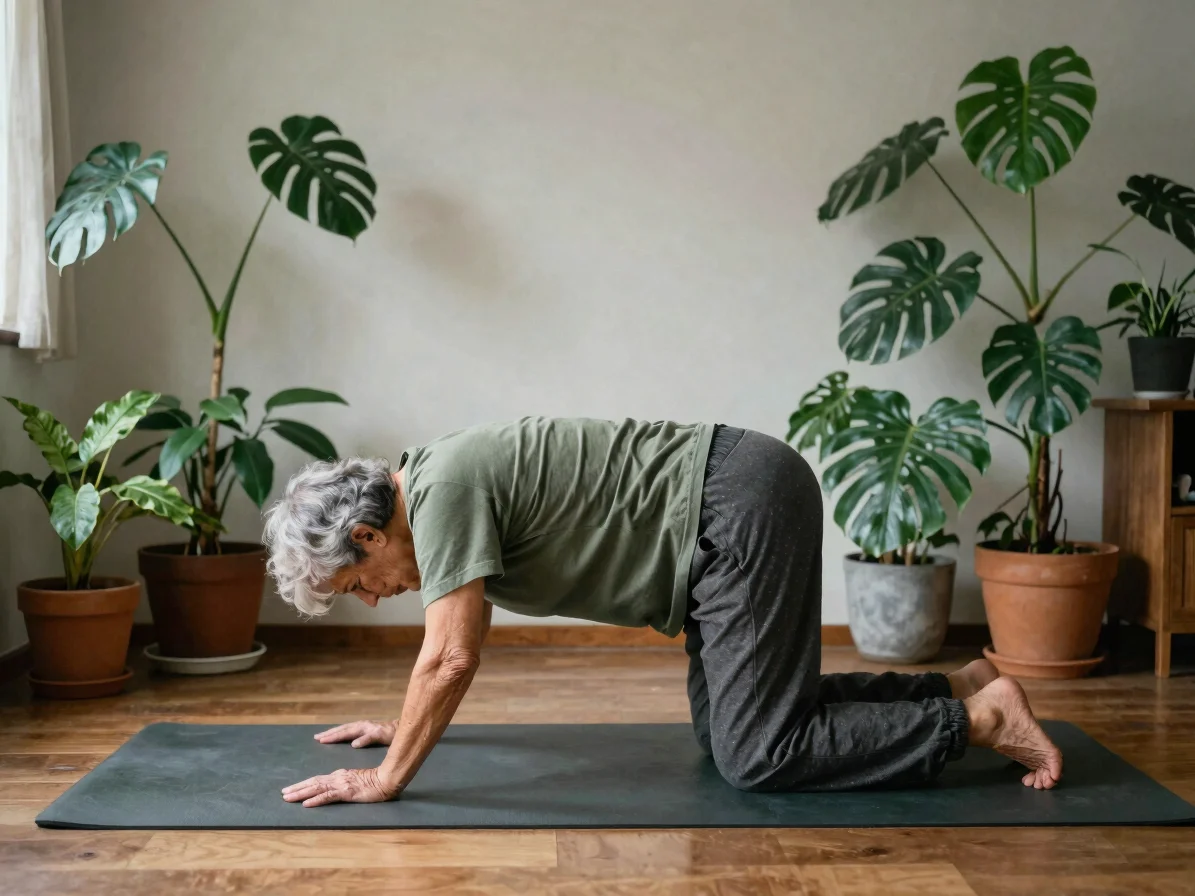 Fotografia editorial natural de uma pessoa mais velha realizando alongamento leve em um espaço doméstico com plantas e l