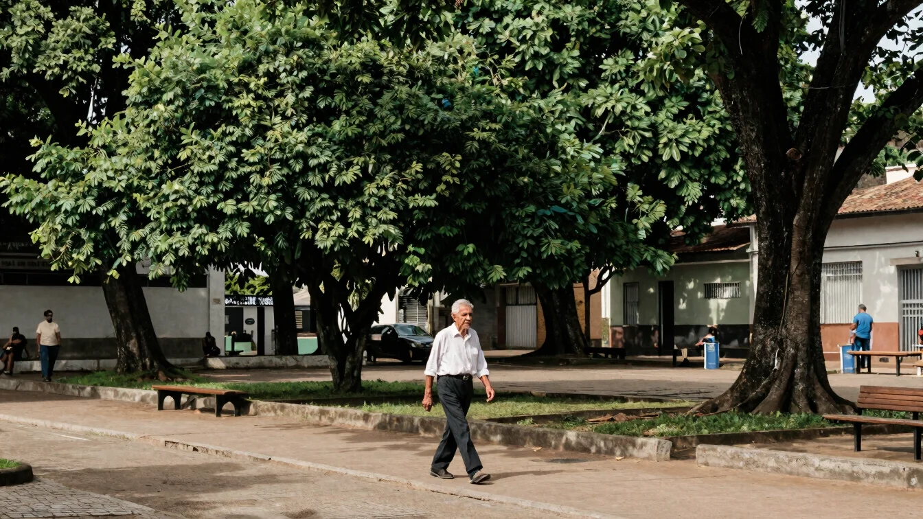 Pessoa idosa caminhando em praça arborizada de bairro, luz diurna