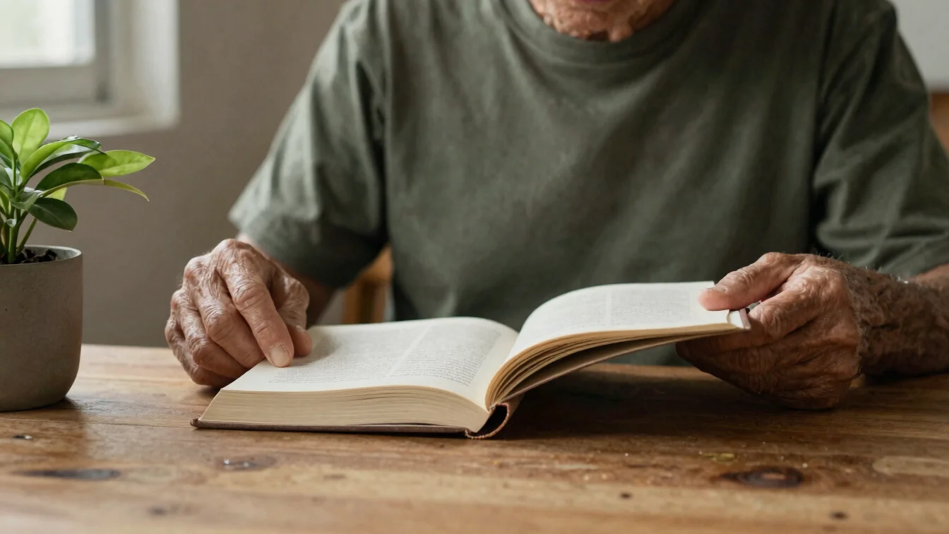 Mãos de uma pessoa madura folheando um caderno sobre uma mesa de