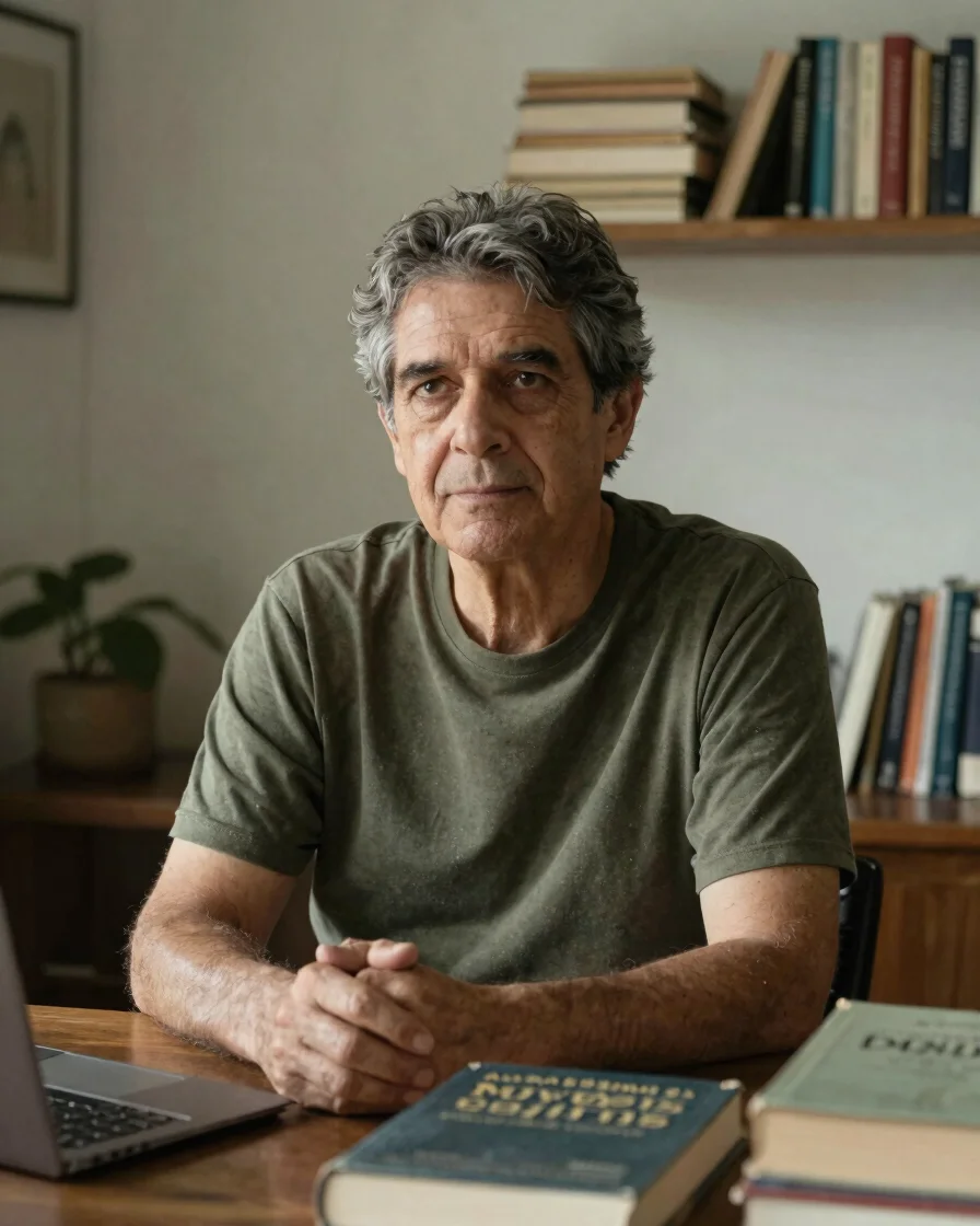Retrato ambiental de um autor de meia-idade em espaço de trabalho
