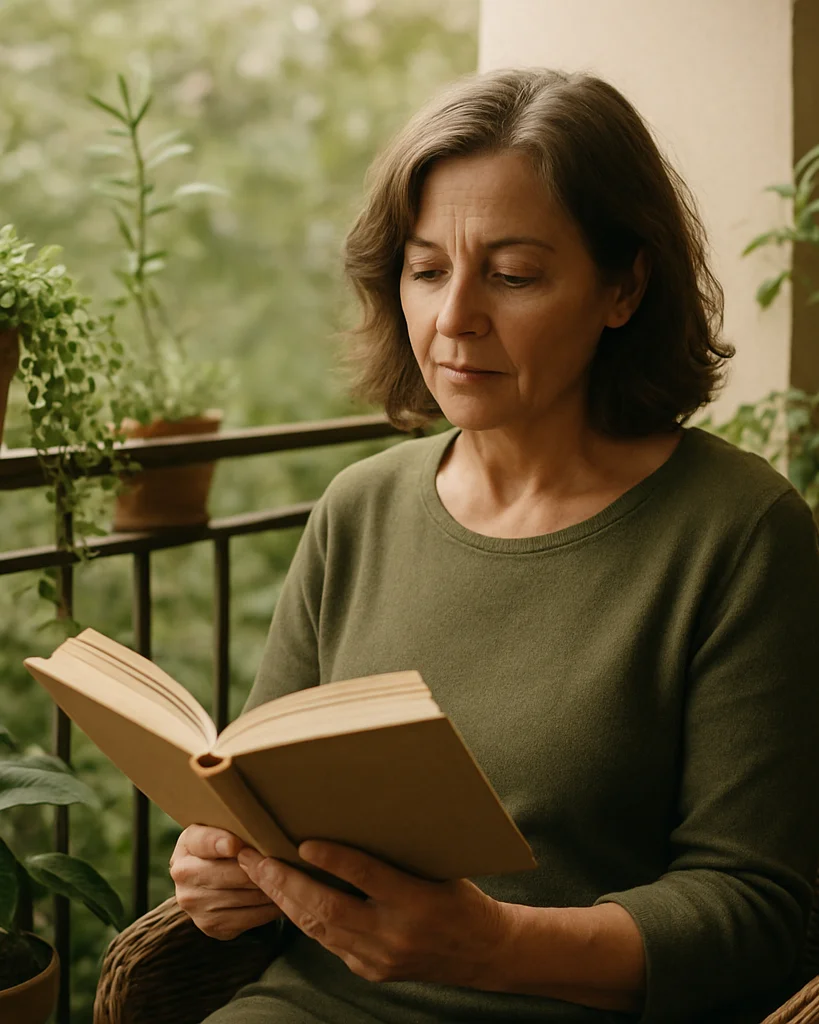 Retrato documental de uma mulher madura lendo um livro numa varan