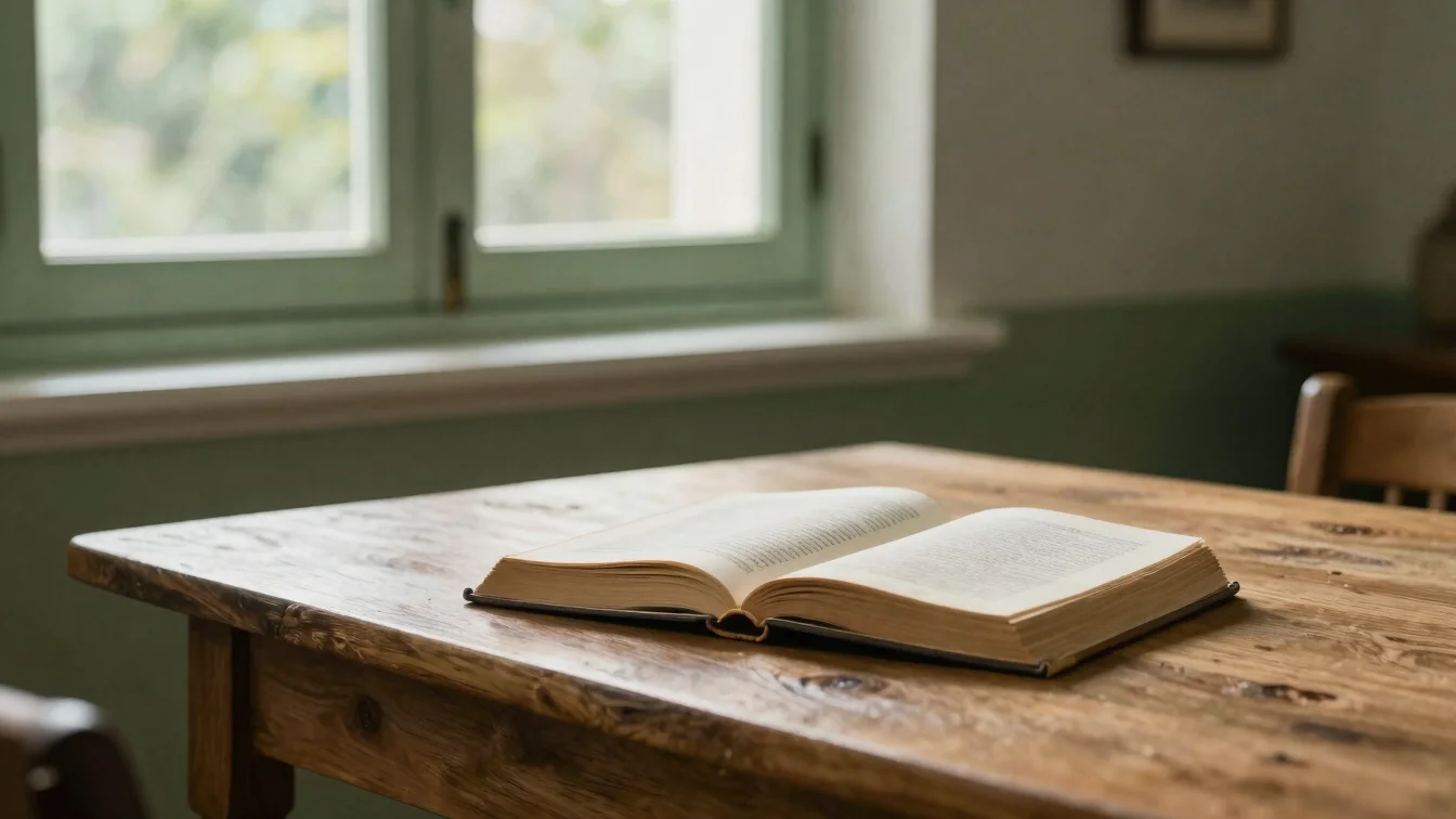 Fotografia editorial natural de uma mesa de leitura de madeira clara com um livro aberto ao lado de uma janela com luz m