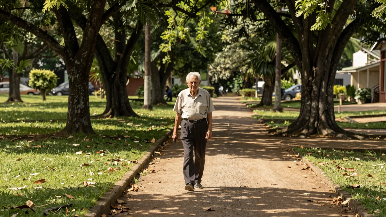 Fotografia editorial natural de uma pessoa mais velha caminhando devagar por uma calçada arborizada em manhã ensolarada,