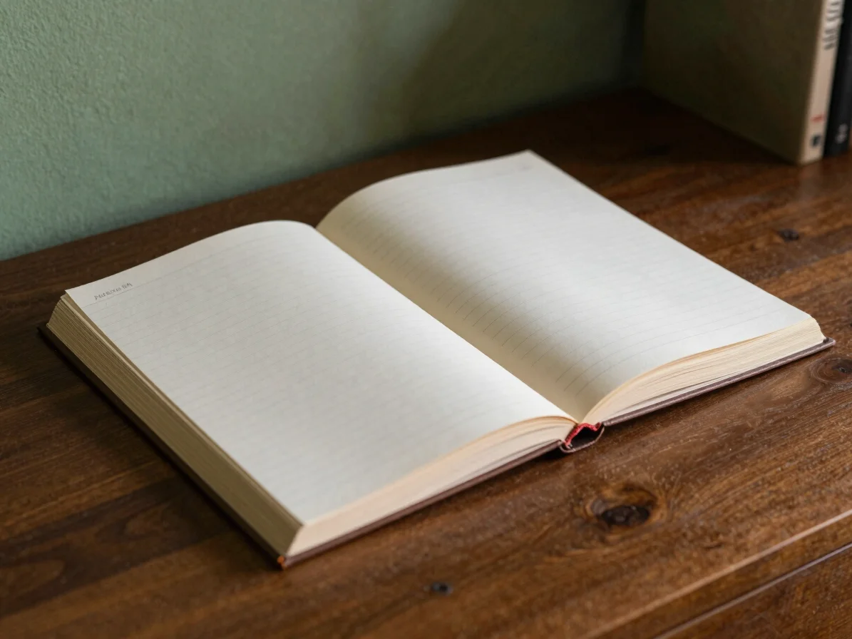 Fotografia editorial natural de um caderno aberto com anotações simples sobre uma mesa de cabeceira, luz suave de fim de
